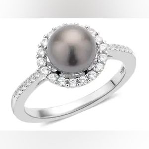 Tahitian Cultured Pearl White Zircon Halo Ring in Rhodium Over Sterling Silver
